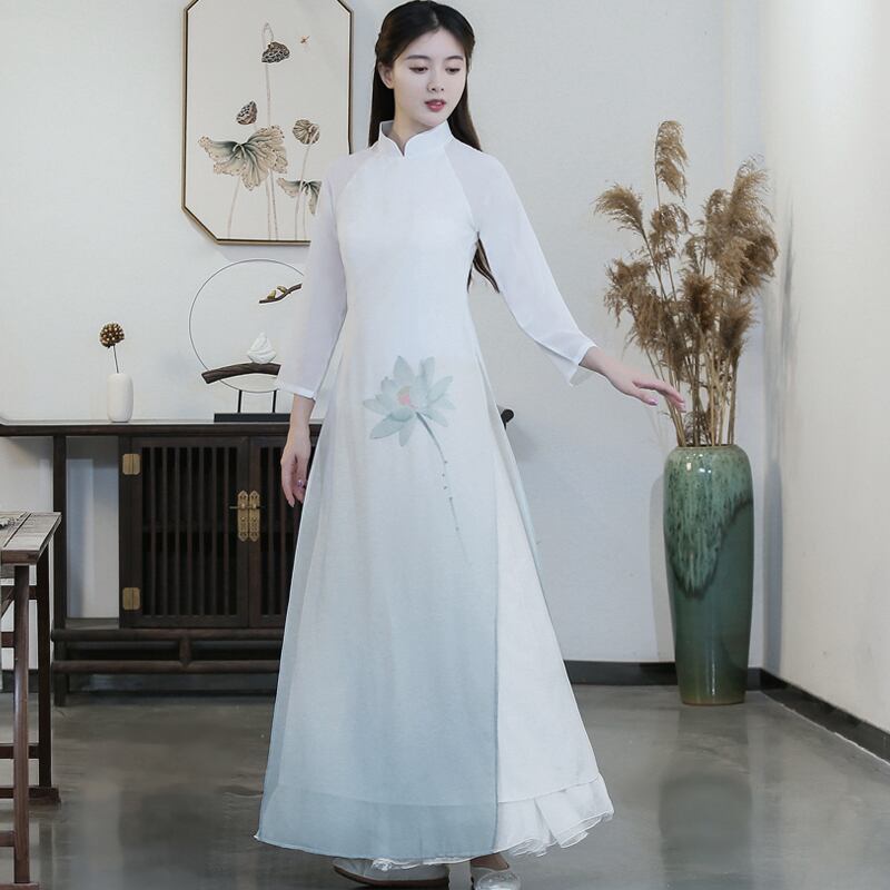 アオサイ ZXCMNB ベトナム衣装 アオザイドレス 白いインナードレスと一体化の長袖アオザイ風ドレス 民族服装 チャイナ服(アイリスブルー,XL)
